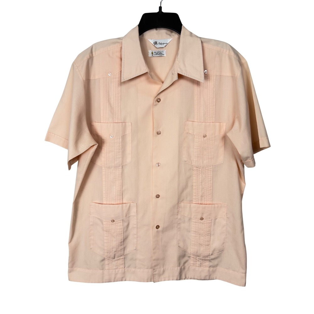 Mr. California Guayabera Shirt Mens Large Peach Vintage Short Sleeve Pleated